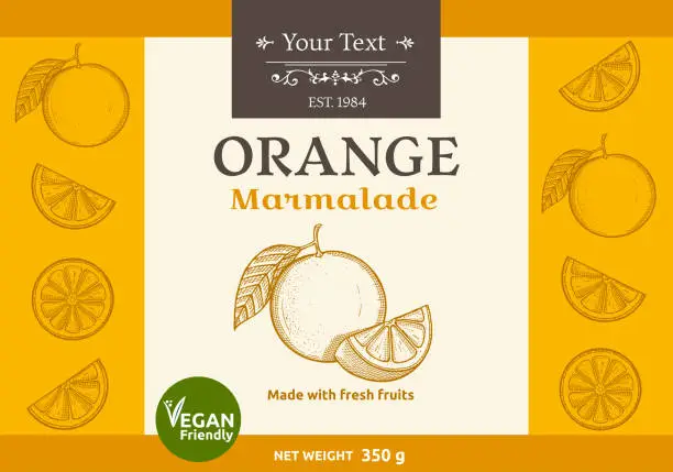 Vector illustration of Orange marmalade cover design with hand drawn oranges. Vector Illustration.