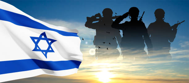 Silhueta de soldados com bandeira de Israel contra o nascer do sol. Conceito - Forças Armadas de Israel - ilustração de arte em vetor