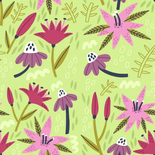 Vector illustration of Wildflower Lily Camomile seamless pattern