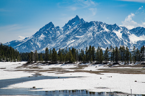 View of Teton range across bay not open for season in  Wyoming's Yellowstone Ecosystem in west USA, North America.