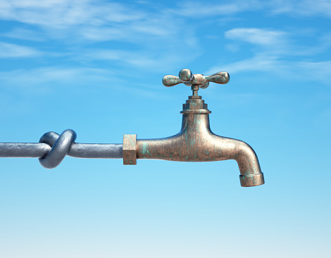 The pipe from the faucet is knotted. Drought. This is a 3d render illustration.