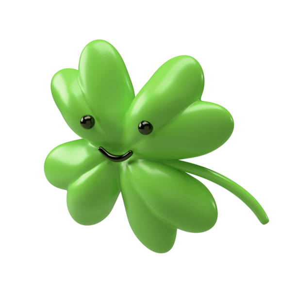 3d feuille d’emoji trèfle vert isolée sur fond blanc. rendu de l’icône du trèfle à quatre feuilles avec le tracé de coupe. symbole de bonne chance pour l’illustration de la saint-patrick - clover st patricks day four leaf clover luck photos et images de collection