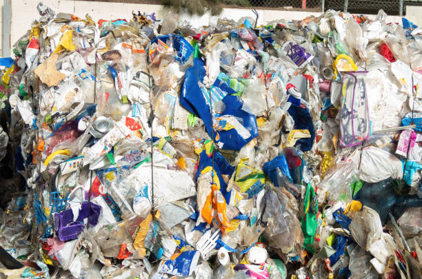Plastic pressed bales at the recycling plant. Separate garbage collection. Recycling and storage of waste for further disposal.