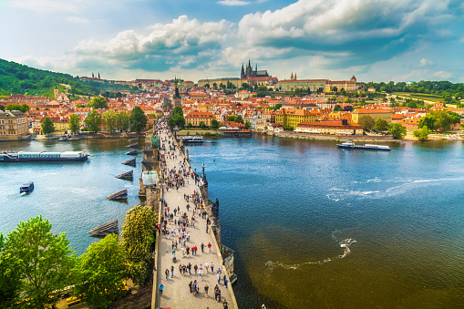 Cityscape of Prague with Vltava river in autumnal morning (Prague, Czech Republic).