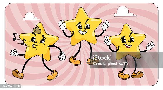 istock Cartoon star characters set. Cheerful retro vintage mascots on groovy background. Vector illustrations collection. 1492970350