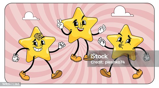 istock Cartoon star characters set. Cheerful retro vintage mascots on groovy background. Vector illustrations collection. 1492970365