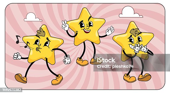 istock Cartoon star characters set. Cheerful retro vintage mascots on groovy background. Vector illustrations collection. 1492970382