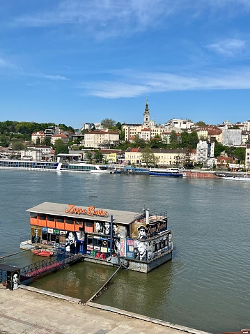 Belgrade, Serbia - April 28, 2023: Zappa Barka Barka on a river with view on Belgrade