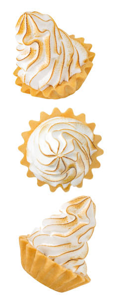 istock Cakes in baskets with custard, set, falling, hanging, flying, soaring, isolated on white background 1492975525