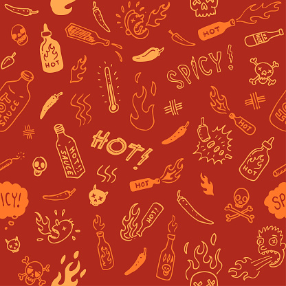 istock Seamless red hot spicy sauce doodle illustrations 1492982143