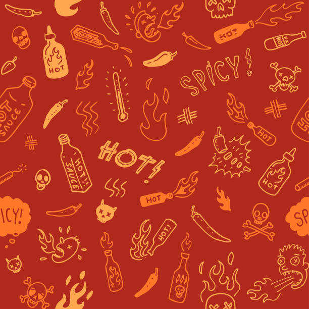 Seamless red hot spicy sauce doodle illustrations vector art illustration