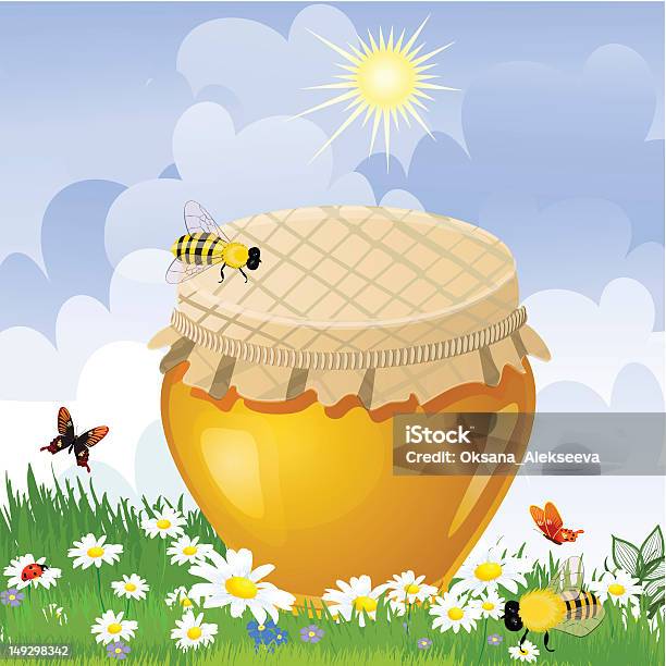 Sweet Honey Jar На Цветок Луг — стоковая векторная графика и другие изображения на тему Бабочка - Бабочка, Без людей, Векторная графика