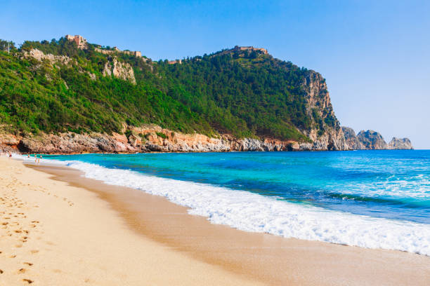 Cleopatra beach and old castle in Alanya, Antalya district, Turkey Cleopatra beach and old castle in Alanya, Antalya district, Turkey alanya stock pictures, royalty-free photos & images