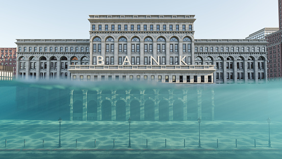 A 3D representation of a bank building halfway underwater