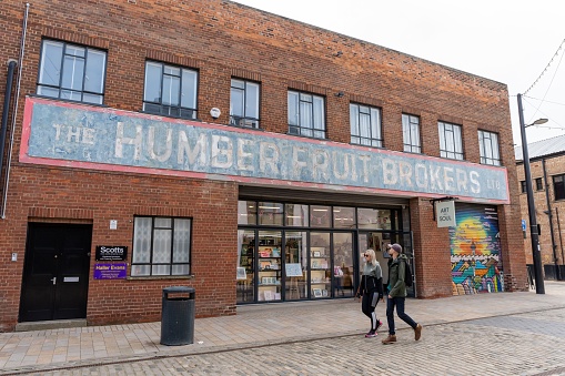 Kingston upon Hull, United Kingdom – May 06, 2023: Art and Soul art store in the old Humber Fruit Brokers building in the regenerated Fruit Market area of the city of Kingston upon Hull, UK.