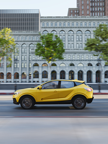 A yellow SUV driving in the city center. All items in the scene are 3D, concept car is not based on any real vehicles