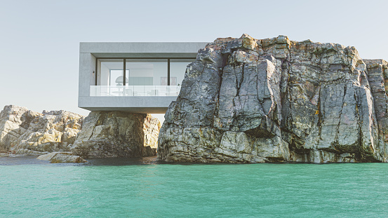 3D render of a modern house on a cliff by the sea