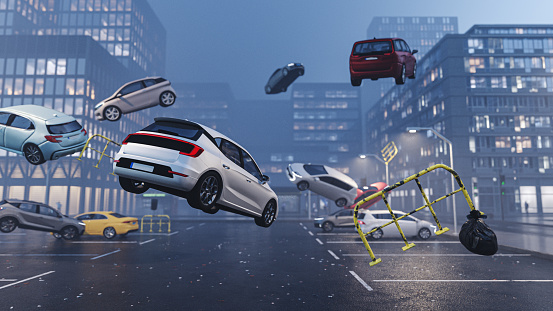 Bizarre city scene with cars lifting off the parking lot and floating in the air, transition to a car-free city. All items in the scene are 3D, concept cars are not based on any real vehicles