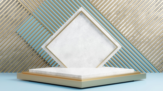 Podium made with white marble and gold. Beautiful abstract geometric background. 3d rendered display platform for product presentation.