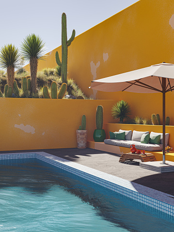 3D render of a pool area of a house in the desert