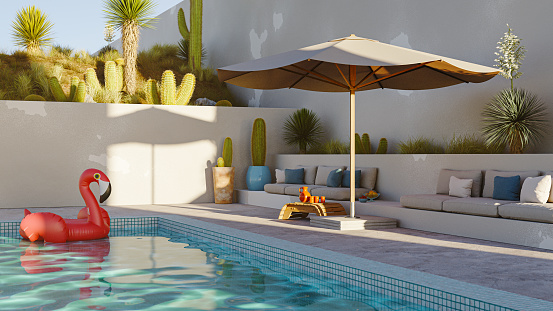 3D render of a pool area of a house in the desert