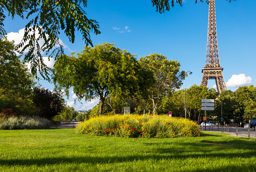 Aerial view of Paris with Arc de Triomphe and Eiffel tower