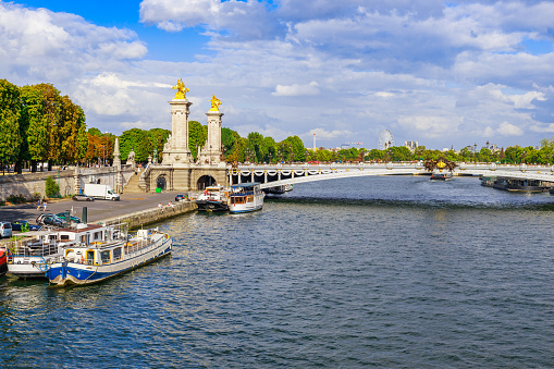 Cityscape with Seine river and bridge in Paris, France, Europe in summer