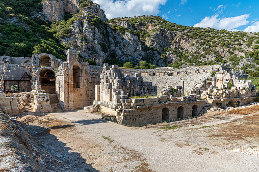 Partially restored Roman amphitheater in ancient Lycian city of Myra in Demre, Antalya province in Turkey.