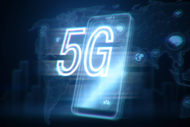 istock Abstract digital phone with 5G and map hologram, polygonal connections on blurry blue background. Internet, speed and communication concept. 3D Rendering. 1492987842