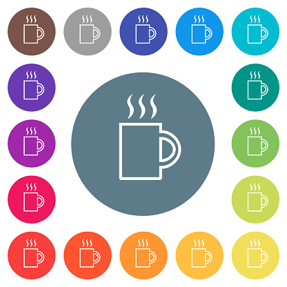 A mug of hot drink outline flat white icons on round color backgrounds. 17 background color variations are included.