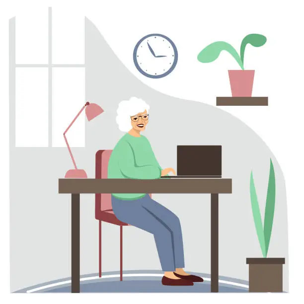 Vector illustration of Senior woman sitting with laptop.