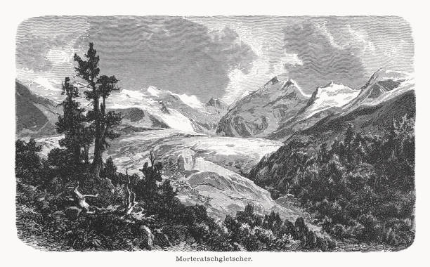 ilustrações, clipart, desenhos animados e ícones de glaciar morteratsch e piz bernina, grisões, suíça, xilogravura, publicado em 1877 - glacier mountain ice european alps