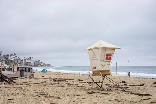 Lifeguard hut at the popular Laguna Beach, California, on an overcast day