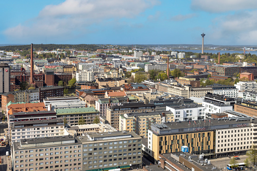 Tampere, Finland - May 15th 2023: City of Tampere is built between two big lakes. Water is seen all over city center.