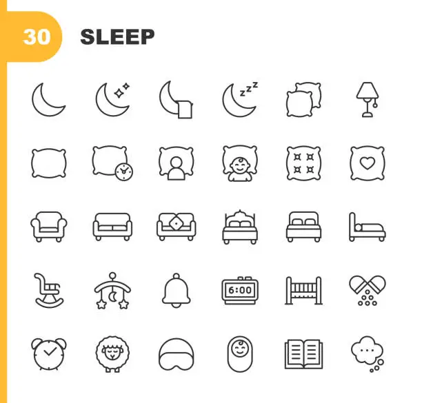 Vector illustration of Sleep Line Icons. Editable Stroke. Contains such icons as Moon, Bed, Star, Night, Pillow, Baby, Alarm Clock, Hotel, Hostel, Double Bed, Sleeping.