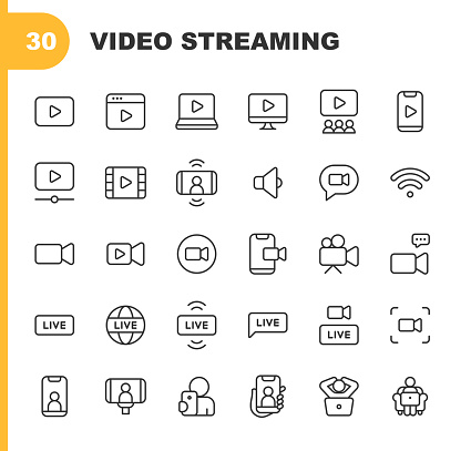 30 Video Streaming Line Icons. Live, Web Streaming, Video Streaming, Broadcasting, Podcast, Television, Sport, Device Screen, Film and Movie, Social Media, Influencer, Device Screen, Recording, Watching, Selfie, Home Entertainment, Video Game Streaming.