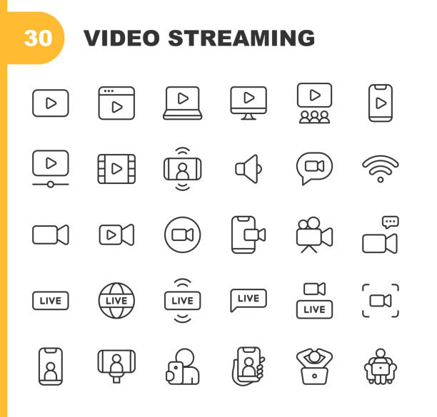 Video Streaming Line Icons. Editable Stroke. Contains such icons as Live, Web Streaming, Video Streaming, Broadcasting, Podcast, Television, Sport, Device Screen, Film and Movie, Social Media, Influencer, Device Screen. vector art illustration