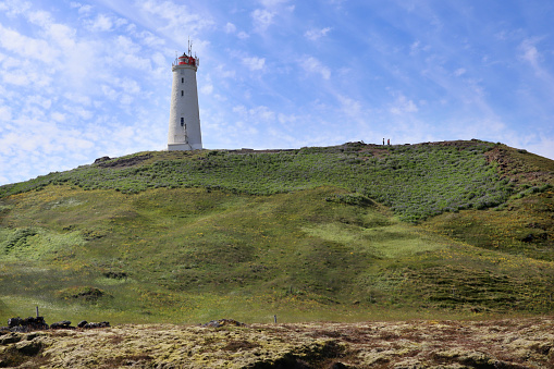 Reykjanesvíti is the oldest lighthouse in Iceland, located on the tip of the Reykjanes Peninsula, near the geothermal area of Gunnuhver. It was the first to be built in Iceland in 1878, then damaged by an earthquake and rebuilt in 1907-1908 on Bæjarfell hill.
