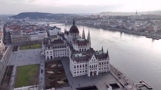 Beautiful Drone Footage of Hungary Parliament in Budapest. Danube River in Background.