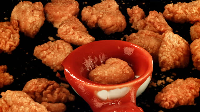 Nuggets fall into ketchup. Filmed is slow motion 1000 fps.
