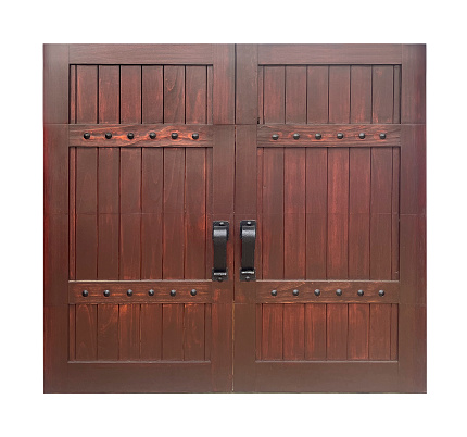 Open and closed black doors with arched panels, cornice, columns. Textured wooden doorways with silver trim, isolated on white