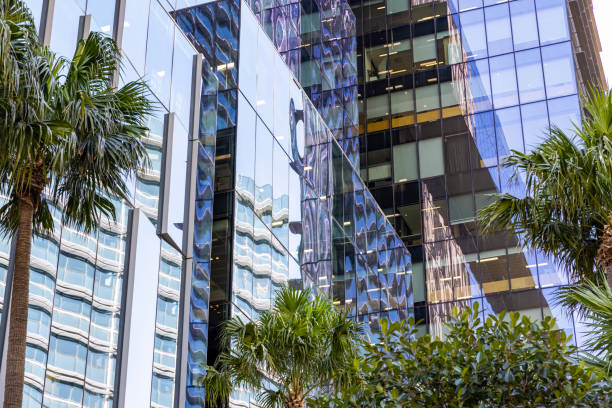 Closeup modern office skyscrapers and Wester Sydney University in Parramatta Square Parramatta CBD, abstract background with copy space, full frame horizontal composition