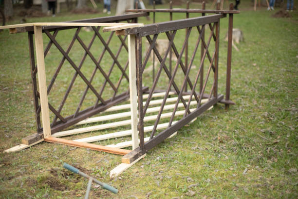 istock Wooden construction. Structure lies on grass. Wooden beams. 1493011018