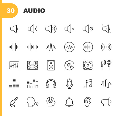 30 Audio Line Icons. Sound, Volume, Mute, Music, Sound Wave, Frequency, Stereo, Mixer, Speaker, Earphones, Music, Radio, Microphone, Headphones, Speaking, Ear, Audio Equipment. Record, Podcast, Communication.