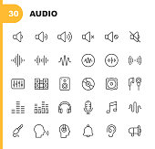 Audio Line Icons. Editable Stroke. Contains such icons as Sound, Volume, Mute, Music, Sound Wave, Frequency, Stereo, Mixer, Speaker, Earphones, Music, Radio, Microphone, Headphones, Speaking, Ear.