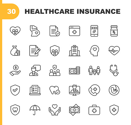 30 Healthcare Insurance Line Icons. Family, Pregnancy, Agreement, Document, Pharmacy, Medicine, Prescription, Money, Online Healthcare, Telemedicine, Heartbeat, Cardiologist, Doctor, Telemedicine, Nurse, Dentist, Shield, Protection, Mental Health, Depression, First Aid Kit, Retirement, Baby.
