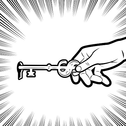 Design Vector Art Illustration.
A human hand holding a Dollar Sign Key and inserting it into the keyhole, in the background with radial manga speed lines.
