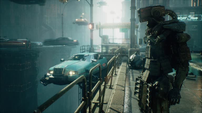 In the midst of a rain-laden atmosphere, flying cars zoom through the air with unparalleled speed, crafting a mesmerizing spectacle of motion. The looping animation is suitable for sci-fi backgrounds.