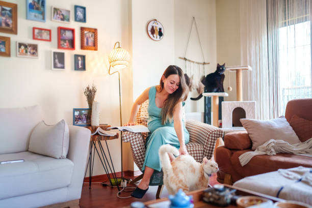 istock Expectant mother with cat in living room 1493015787