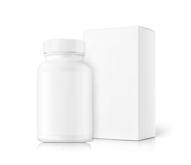 ilustraciones, imágenes clip art, dibujos animados e iconos de stock de botella blanca realista con conjunto de maquetas de caja. - vitamin pill vitamin c nutritional supplement bottle